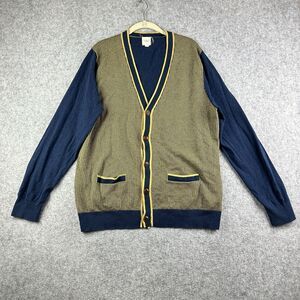 Lands End Cardigan Sweater Mens L Blue Houndstooth Grandpa Mr Rogers Pockets*